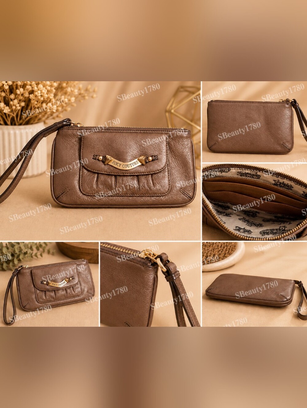 Juicy Couture Brown Leather Wristlet Clutch with Gold Accent